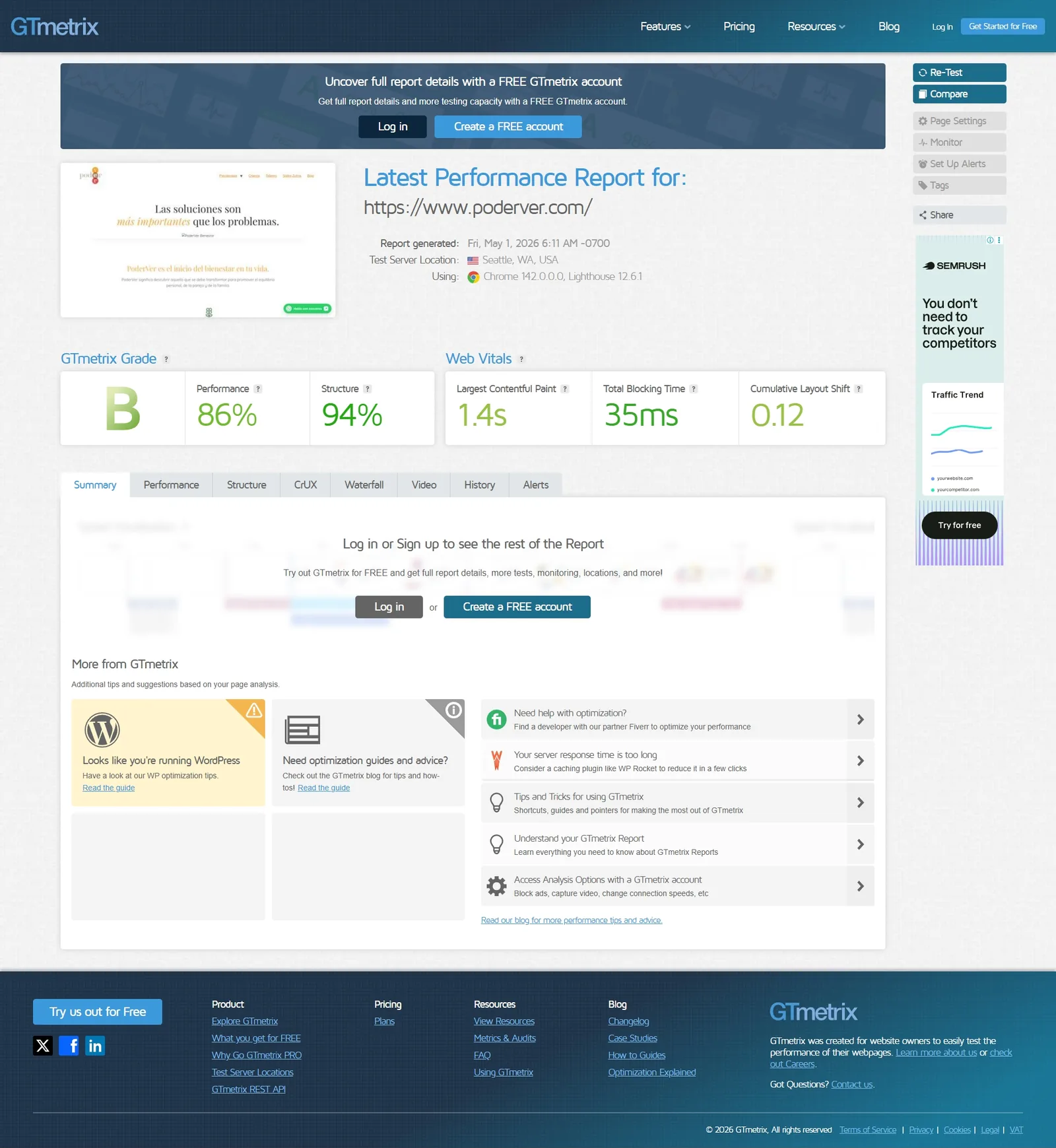 PoderVer GTmetrix después — Grade B, Performance 86%